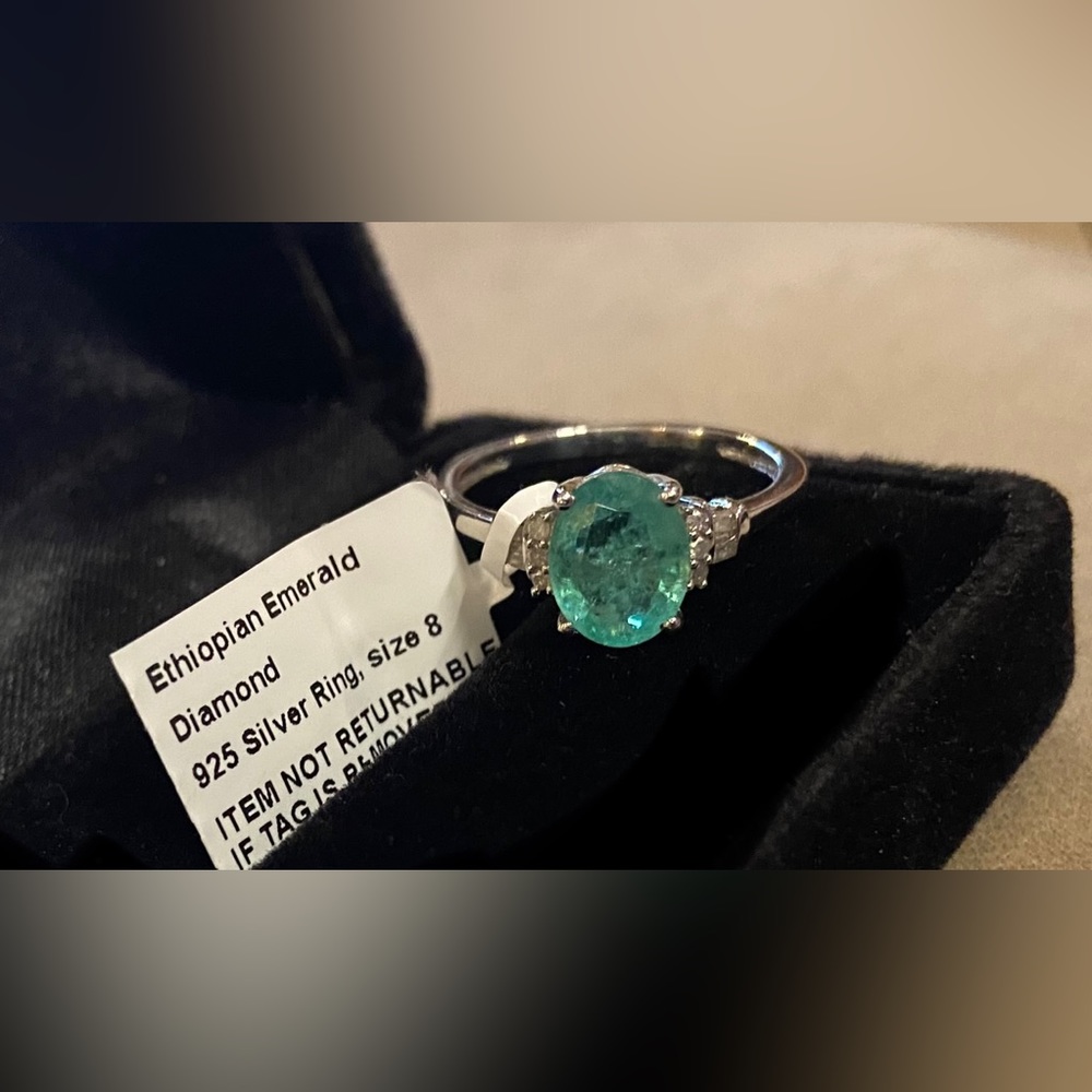 Ethiopian Emerald & Diamond, Platinum over Sterling Silver Ring Size 8 - Picture 8 of 15